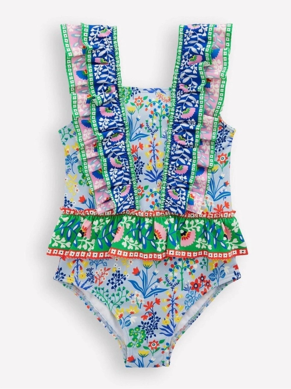 NWT Mini Boden Blue Frill Peplum Floral Ruffle Swimsuit Girls 8-9